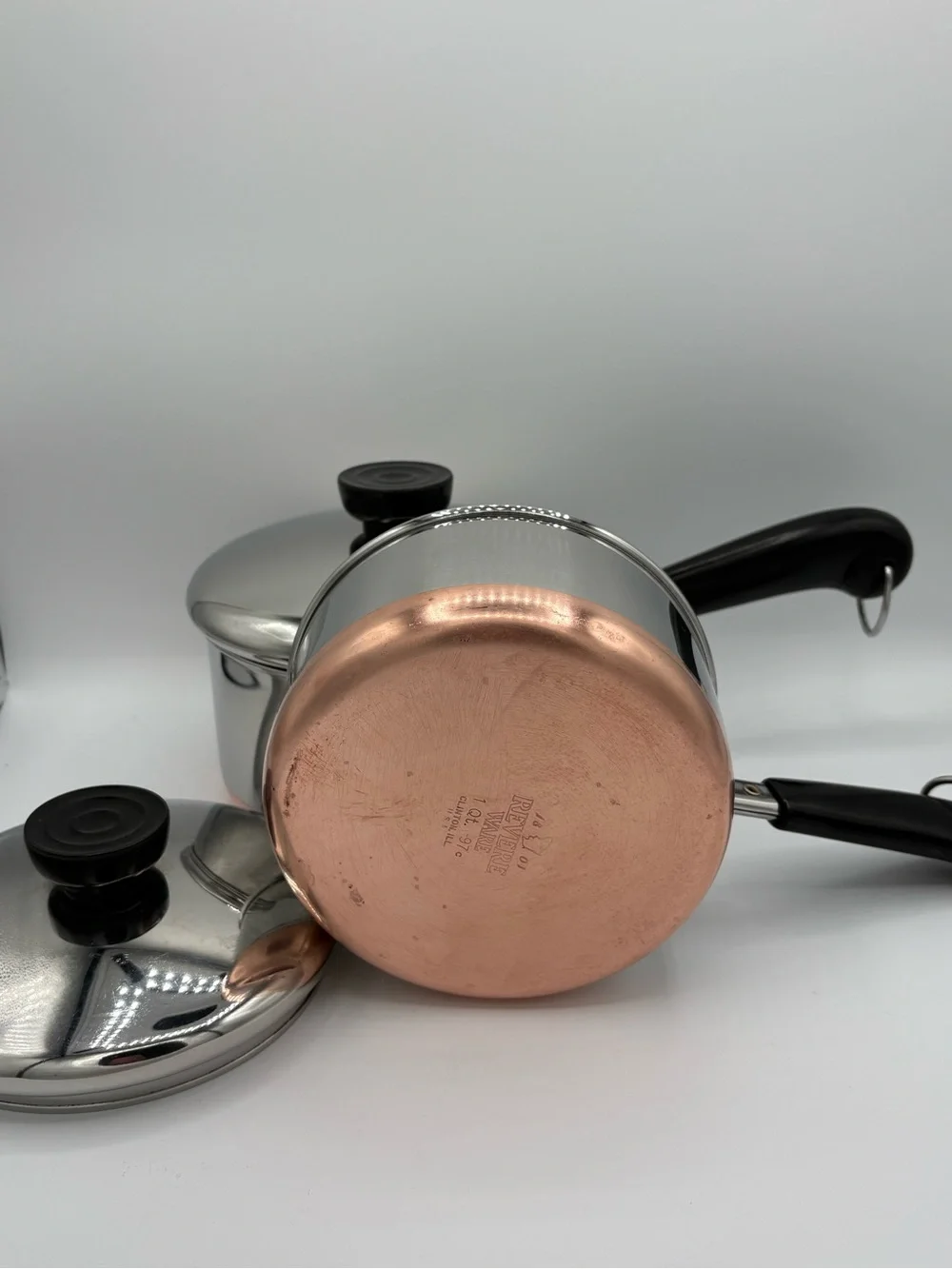 Vintage Revere Ware Copper Bottom Saucepan Set 1 & 1.5 Qt w/Lids USA